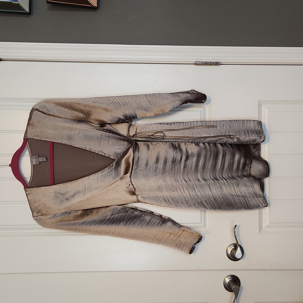 Tan, silk wrap dress